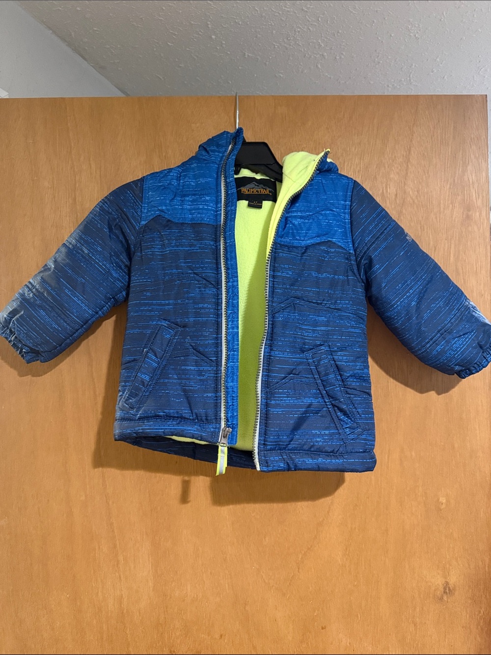 Pacific Trail Boys Blue Puffer Jacket with Neon Lime Lining